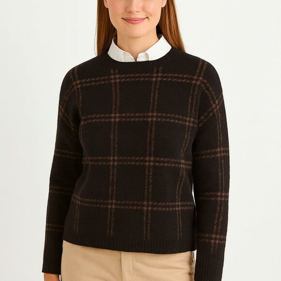 Vince Alpaca Blend Sweater L New Black Taupe Windowpane Plaid Wool Soft Knit - Picture 8 of 8
